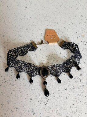 Black Gothic Lace Choker Necklace Victorian Vampire Goth Pendant Beaded